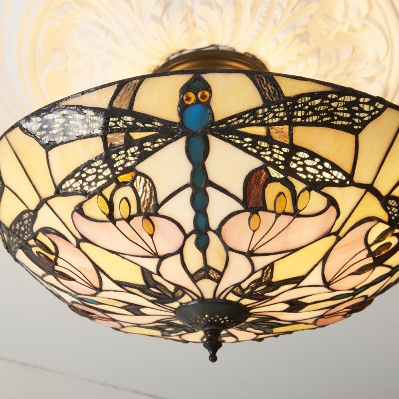 Interiors1900-111892 - Ashton - Satin Black 3 Light Semi Flush with Tiffany Glass