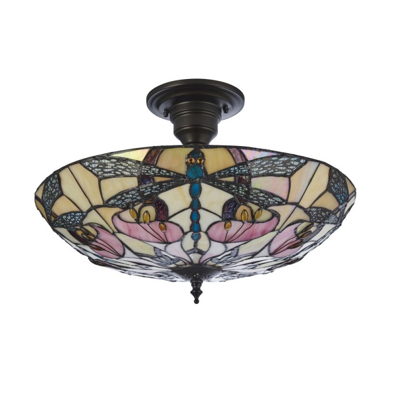 Interiors1900-111892 - Ashton - Satin Black 3 Light Semi Flush with Tiffany Glass