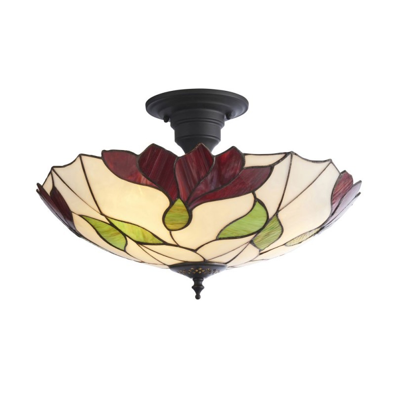 Interiors1900-111896 - Botanica - Satin Black 3 Light Semi Flush with Tiffany Glass