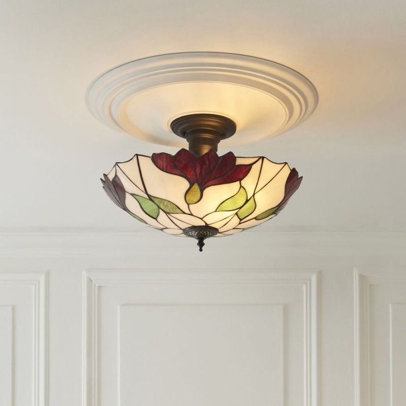 Interiors1900-111896 - Botanica - Satin Black 3 Light Semi Flush with Tiffany Glass