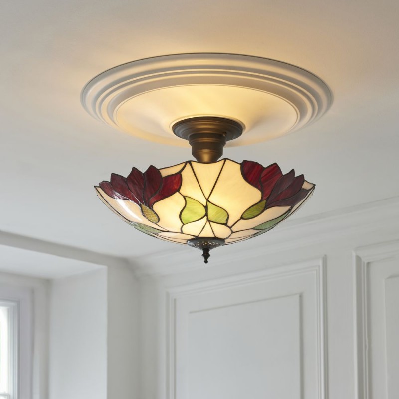 Interiors1900-111896 - Botanica - Satin Black 3 Light Semi Flush with Tiffany Glass