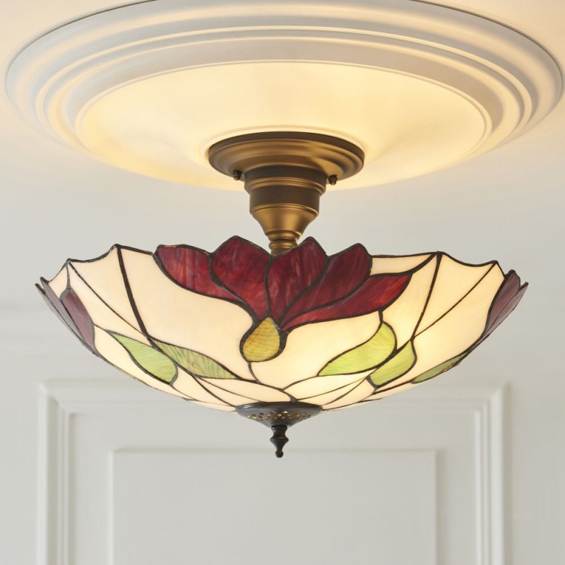 Interiors1900-111896 - Botanica - Satin Black 3 Light Semi Flush with Tiffany Glass