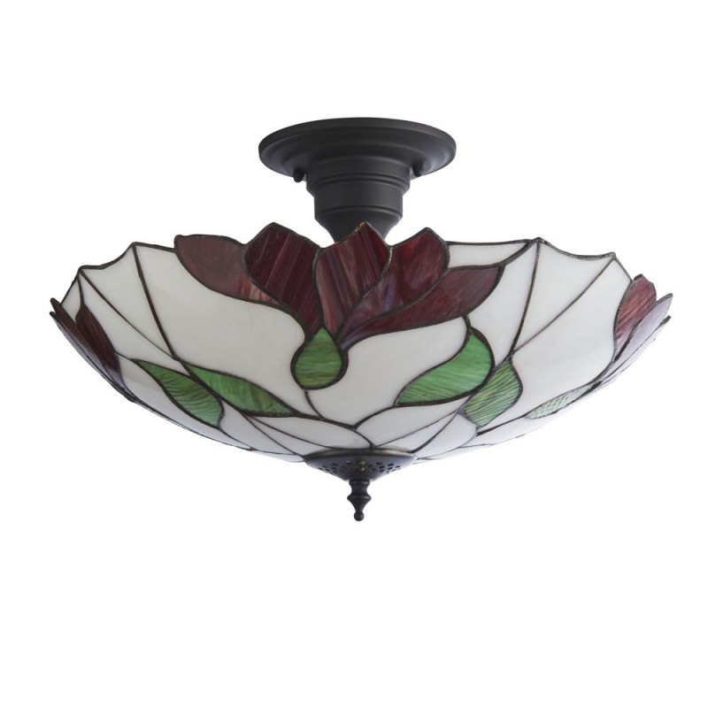 Interiors1900-111896 - Botanica - Satin Black 3 Light Semi Flush with Tiffany Glass