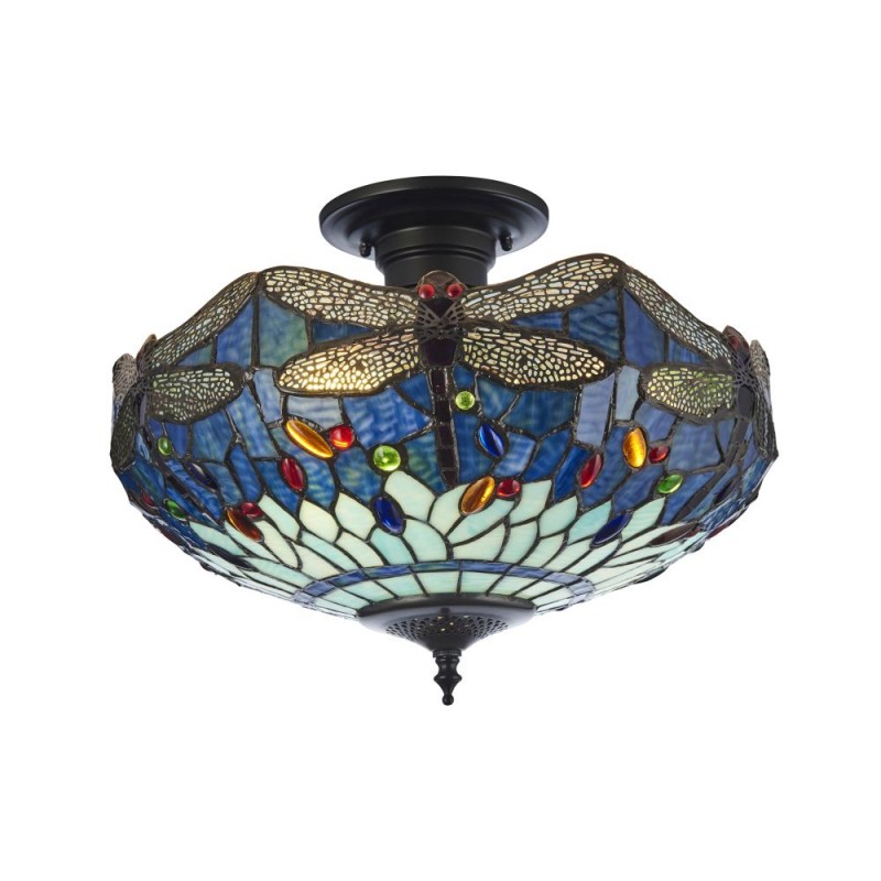 Interiors1900-111897 - Dragonfly - Satin Black 3 Light Semi Flush with Tiffany Glass