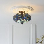 Dragonfly - Satin Black 3 Light Semi Flush with Tiffany Glass