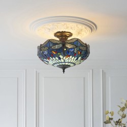 Dragonfly - Satin Black 3 Light Semi Flush with Tiffany Glass