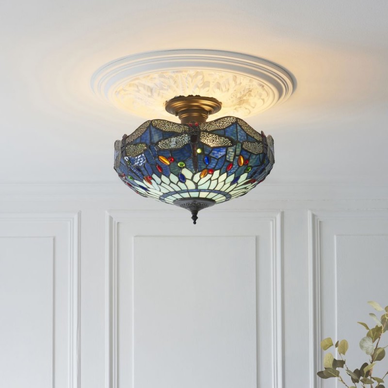 Interiors1900-111897 - Dragonfly - Satin Black 3 Light Semi Flush with Tiffany Glass