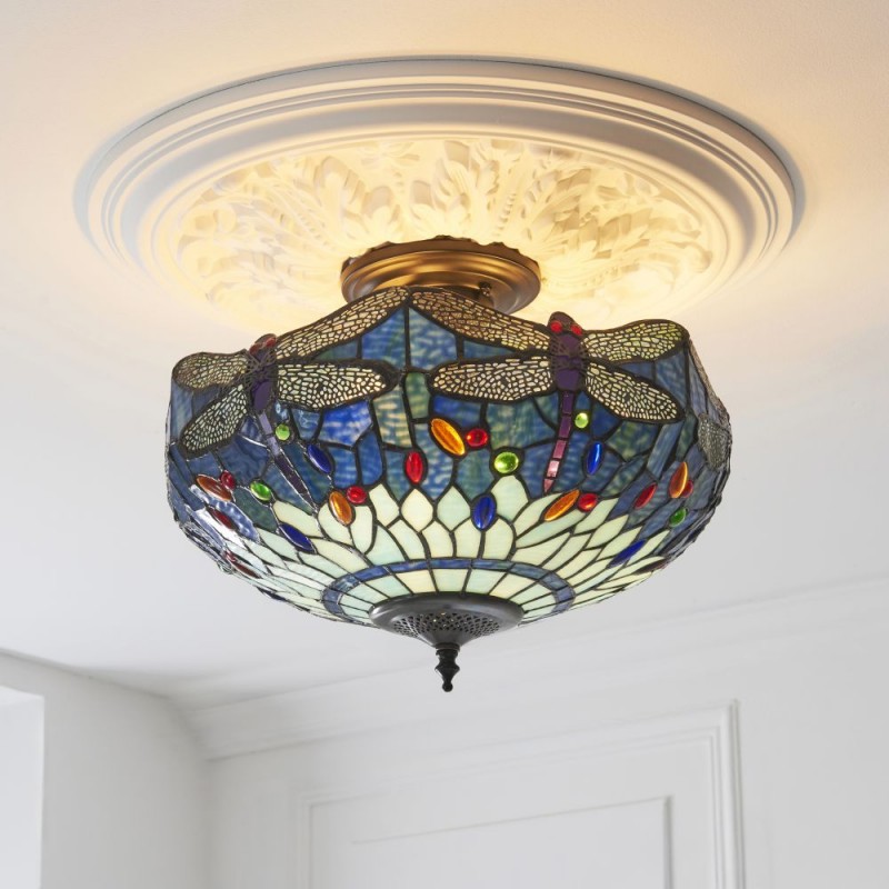 Interiors1900-111897 - Dragonfly - Satin Black 3 Light Semi Flush with Tiffany Glass