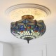 Interiors1900-111897 - Dragonfly - Satin Black 3 Light Semi Flush with Tiffany Glass