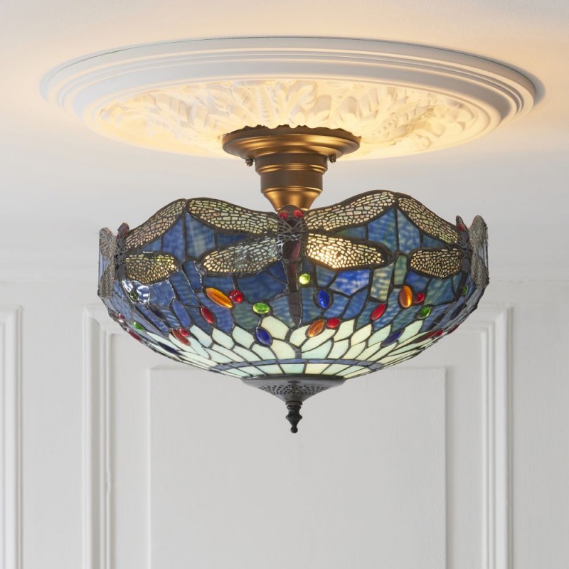 Interiors1900-111897 - Dragonfly - Satin Black 3 Light Semi Flush with Tiffany Glass