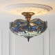 Interiors1900-111897 - Dragonfly - Satin Black 3 Light Semi Flush with Tiffany Glass