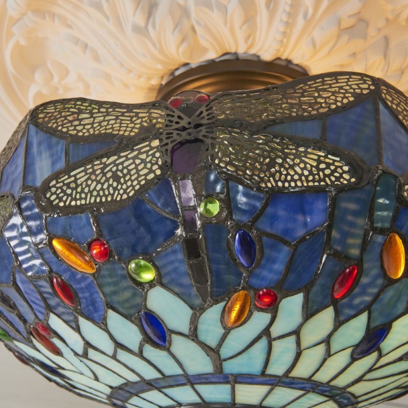 Interiors1900-111897 - Dragonfly - Satin Black 3 Light Semi Flush with Tiffany Glass