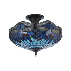 Dragonfly - Satin Black 3 Light Semi Flush with Tiffany Glass