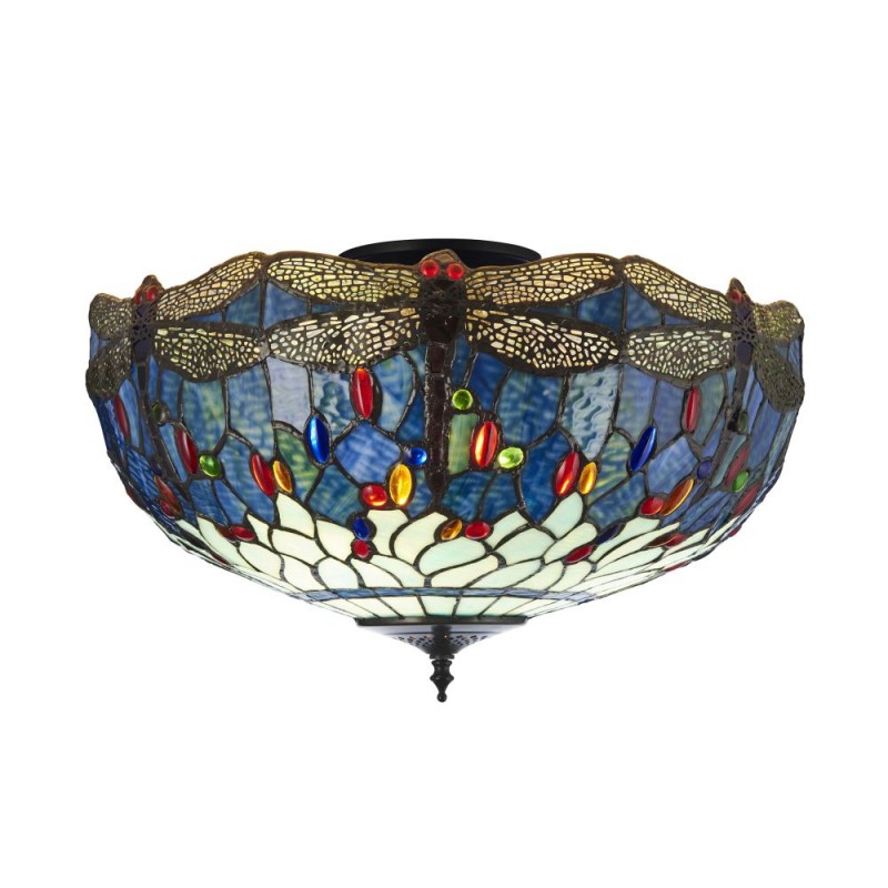 Interiors1900-111899 - Dragonfly - Satin Black 3 Light Flush with Tiffany Glass