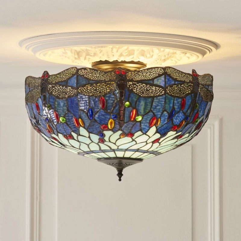 Interiors1900-111899 - Dragonfly - Satin Black 3 Light Flush with Tiffany Glass