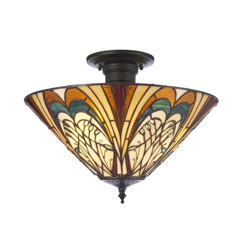 Interiors1900-111905 - Hector - Satin Black 3 Light Semi Flush with Tiffany Glass