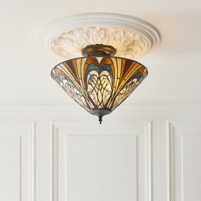 Interiors1900-111905 - Hector - Satin Black 3 Light Semi Flush with Tiffany Glass