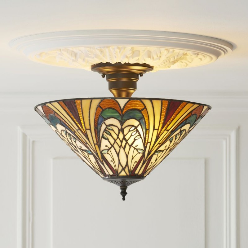 Interiors1900-111905 - Hector - Satin Black 3 Light Semi Flush with Tiffany Glass