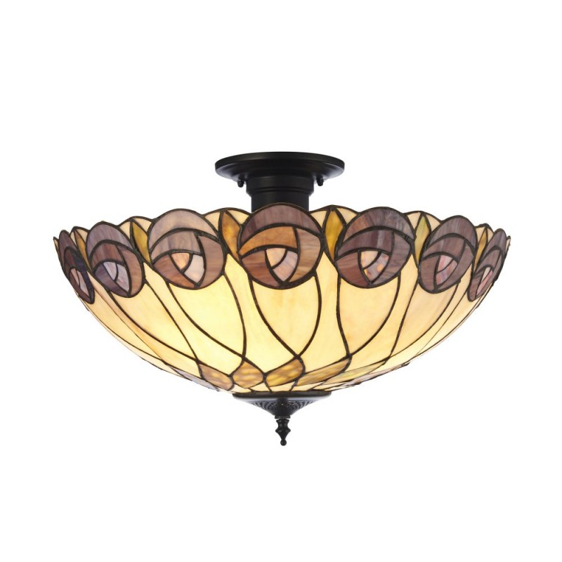 Interiors1900-111906 - Hutchinson - Satin Black 3 Light Semi Flush with Tiffany Glass