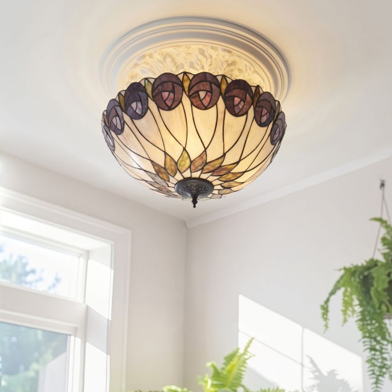 Interiors1900-111906 - Hutchinson - Satin Black 3 Light Semi Flush with Tiffany Glass