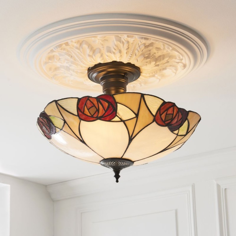 Interiors1900-111907 - Ingram - Satin Black 3 Light Semi Flush with Tiffany Glass