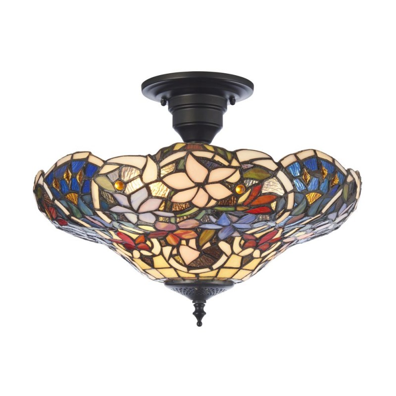 Interiors1900-111915 - Sullivan - Satin Black 3 Light Semi Flush with Tiffany Glass