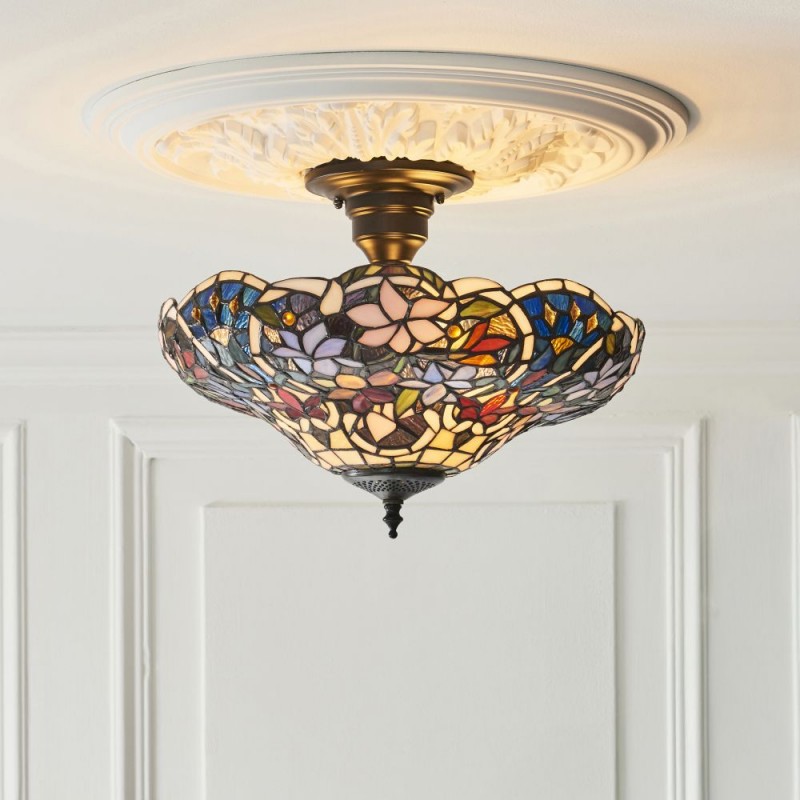 Interiors1900-111915 - Sullivan - Satin Black 3 Light Semi Flush with Tiffany Glass