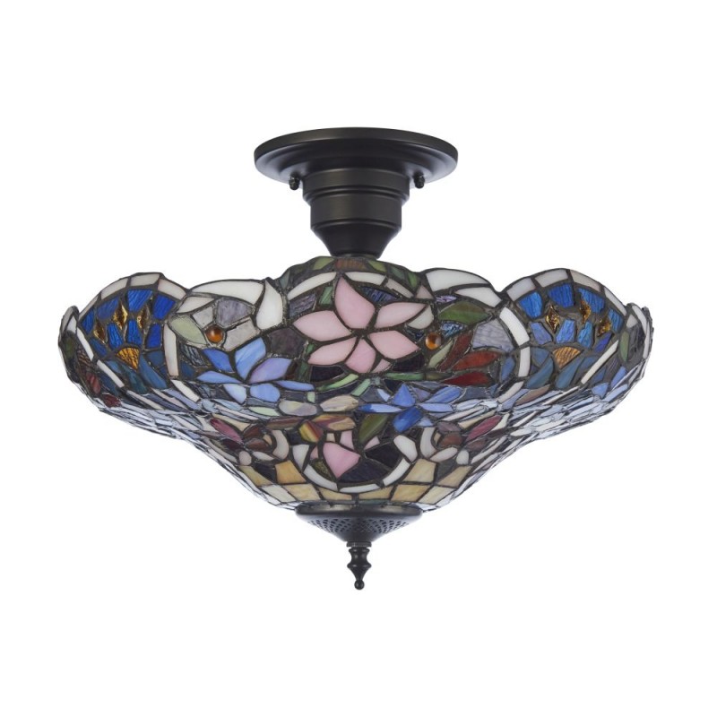 Interiors1900-111915 - Sullivan - Satin Black 3 Light Semi Flush with Tiffany Glass