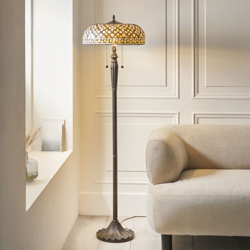 Interiors1900-111921 - Mille Feux - Satin Black 2 Light Floor Lamp with Tiffany Glass