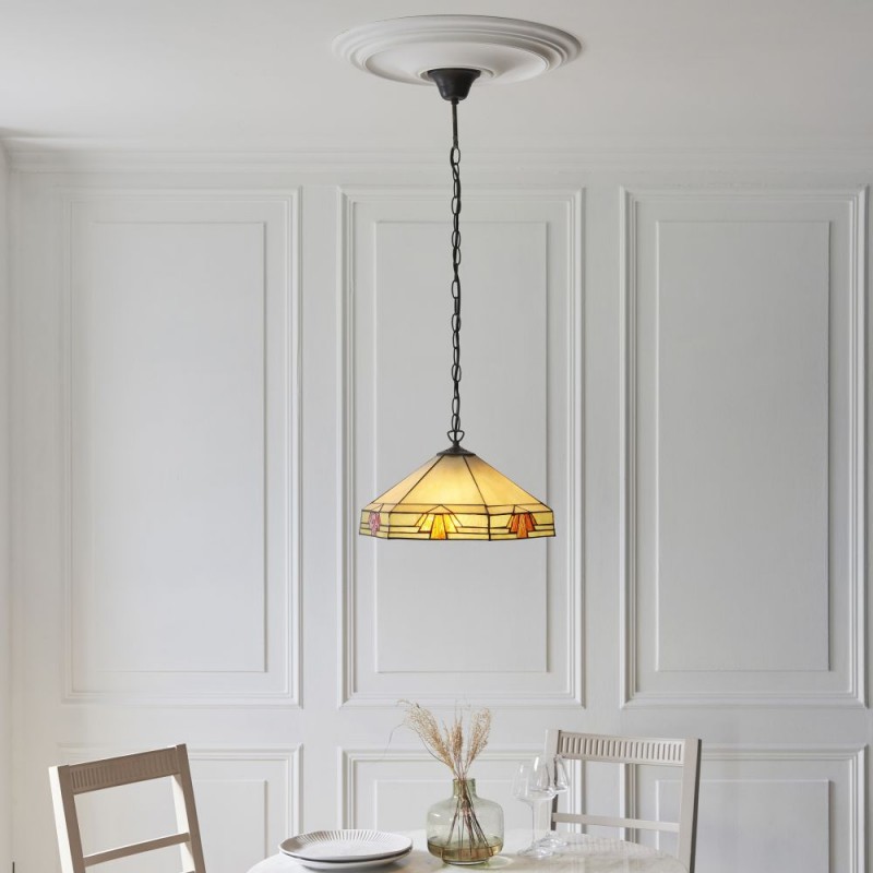 Interiors1900-111989 - Nevada - Satin Black 3 Light Pendant with Tiffany Glass