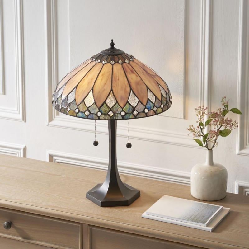 Interiors1900-112183 - Brooklyn - Satin Black 2 Light Table Lamp with Tiffany Glass