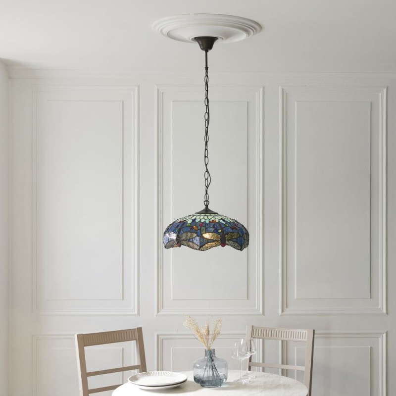 Interiors1900-112195 - Dragonfly - Satin Black Pendant with Tiffany Glass