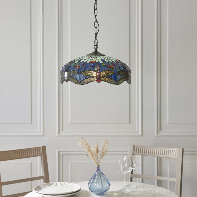 Interiors1900-112195 - Dragonfly - Satin Black Pendant with Tiffany Glass