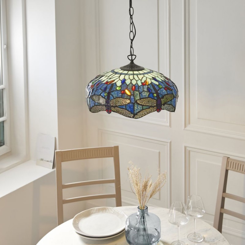 Interiors1900-112195 - Dragonfly - Satin Black Pendant with Tiffany Glass