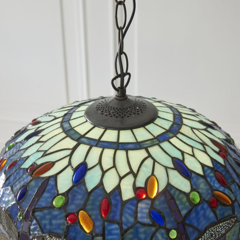 Interiors1900-112195 - Dragonfly - Satin Black Pendant with Tiffany Glass