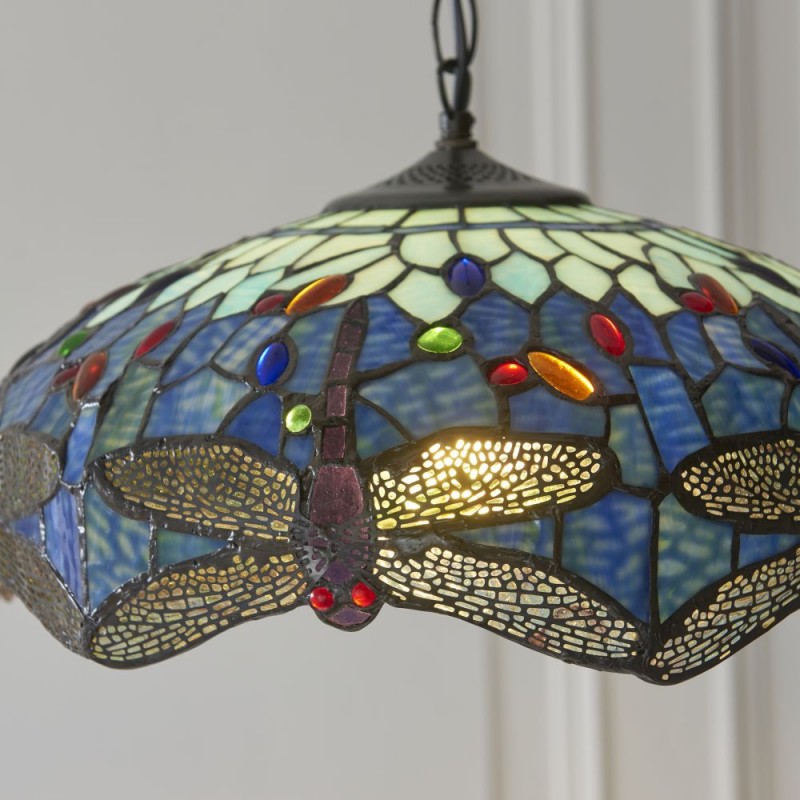 Interiors1900-112195 - Dragonfly - Satin Black Pendant with Tiffany Glass
