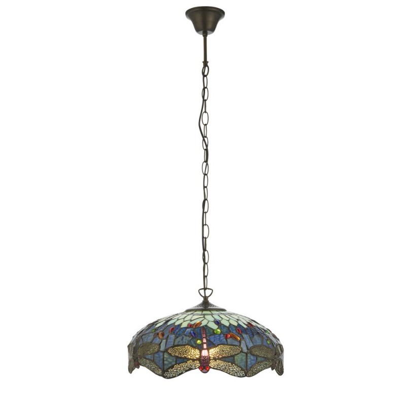 Interiors1900-112195 - Dragonfly - Satin Black Pendant with Tiffany Glass