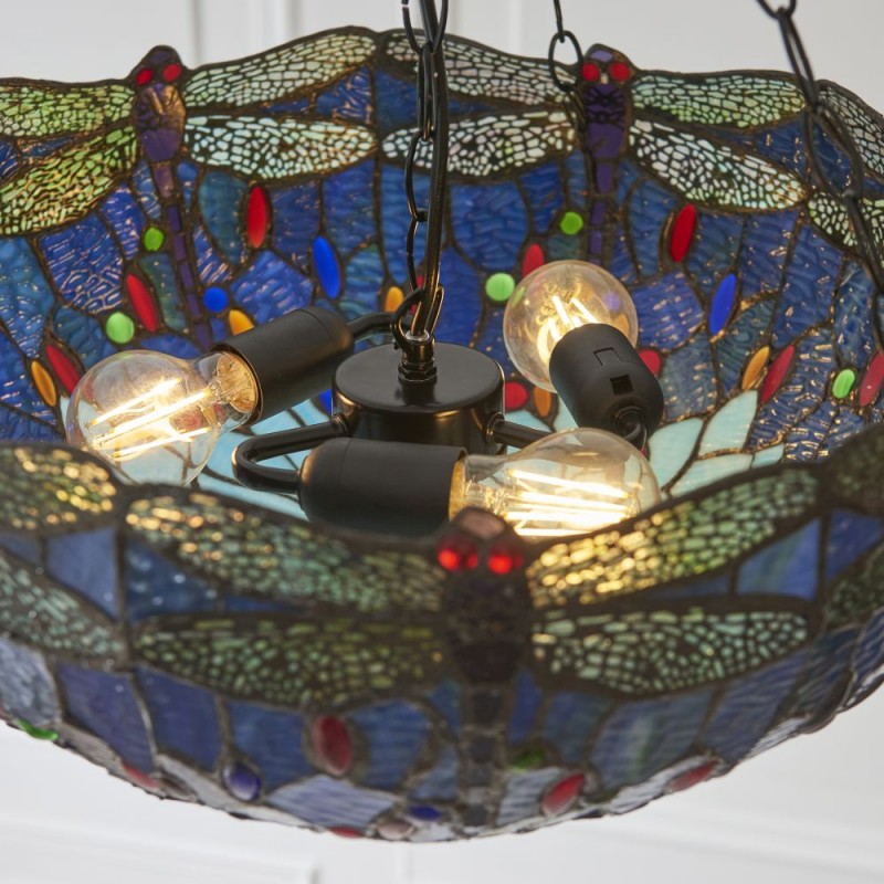 Interiors1900-112250 - Dragonfly - Satin Black 3 Light Large Pendant with Tiffany Glass