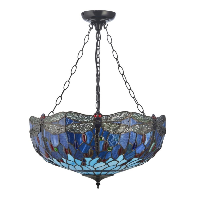Interiors1900-112250 - Dragonfly - Satin Black 3 Light Large Pendant with Tiffany Glass