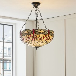 Dragonfly Beige - Satin Black 3 Light Pendant with Tiffany Glass