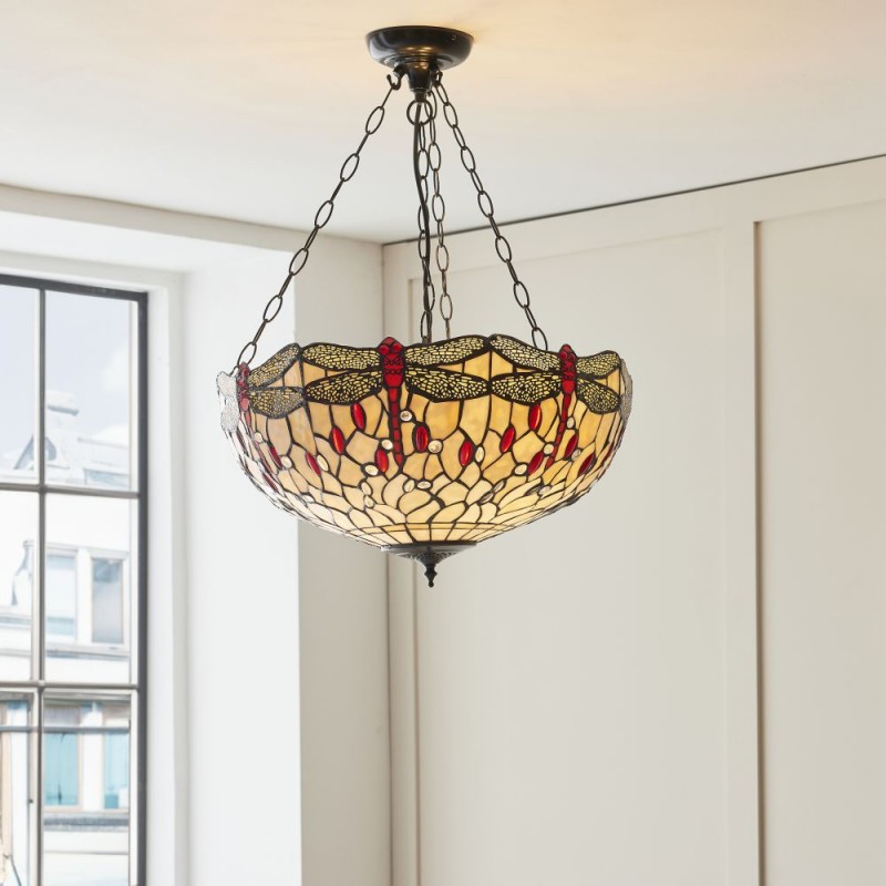 Interiors1900-112251 - Dragonfly Beige - Satin Black 3 Light Pendant with Tiffany Glass