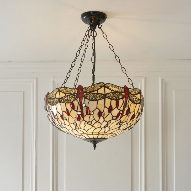 Interiors1900-112251 - Dragonfly Beige - Satin Black 3 Light Pendant with Tiffany Glass