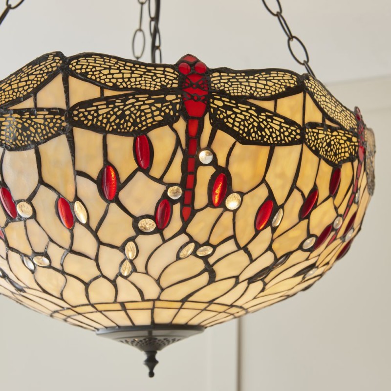Interiors1900-112251 - Dragonfly Beige - Satin Black 3 Light Pendant with Tiffany Glass