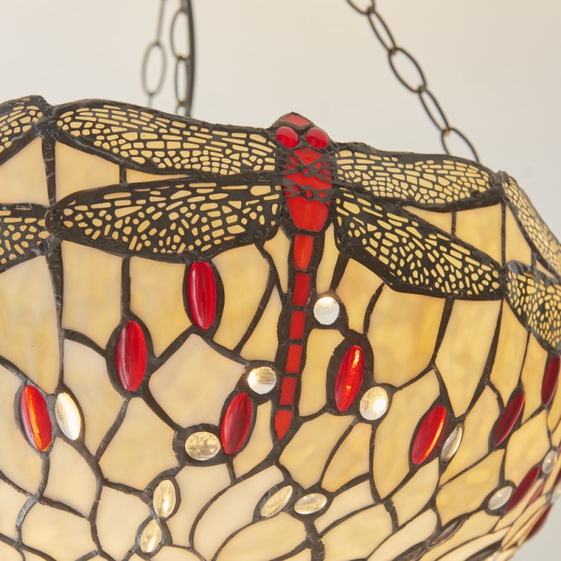 Interiors1900-112251 - Dragonfly Beige - Satin Black 3 Light Pendant with Tiffany Glass
