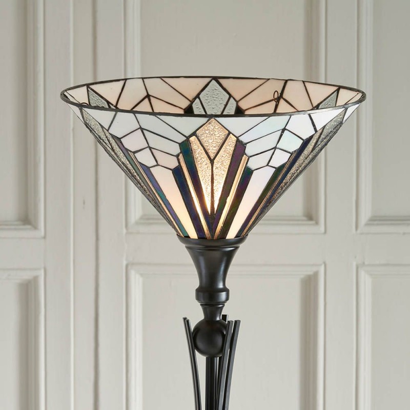 Interiors1900-63933 - Astoria - Satin Black Uplighter Floor Lamp with Tiffany Glass