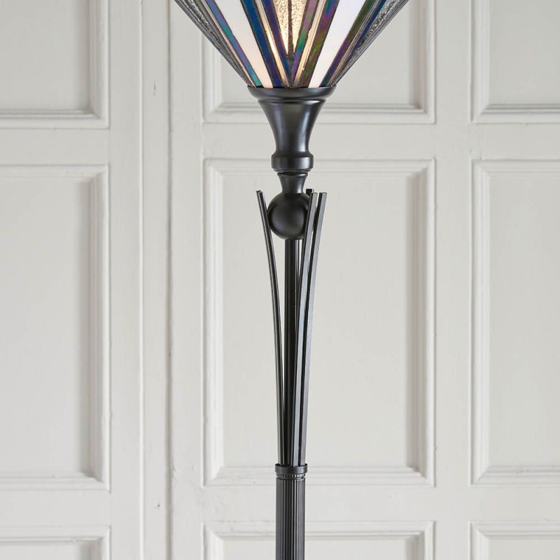 Interiors1900-63933 - Astoria - Satin Black Uplighter Floor Lamp with Tiffany Glass