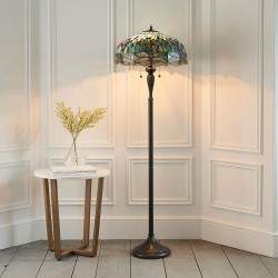 Dragonfly - Satin Black 2 Light Floor Lamp with Tiffany Glass
