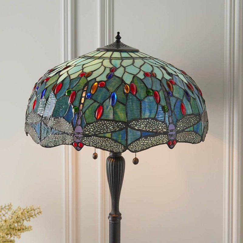 Interiors1900-64069 - Dragonfly - Satin Black 2 Light Floor Lamp with Tiffany Glass