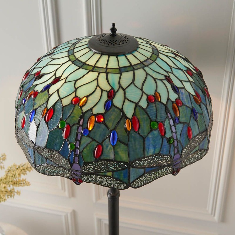 Interiors1900-64069 - Dragonfly - Satin Black 2 Light Floor Lamp with Tiffany Glass