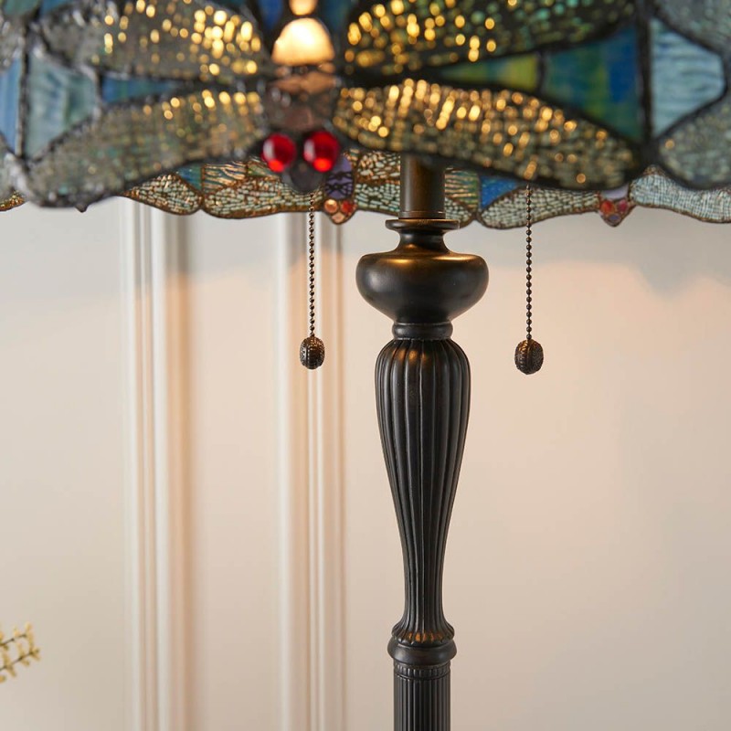 Interiors1900-64069 - Dragonfly - Satin Black 2 Light Floor Lamp with Tiffany Glass